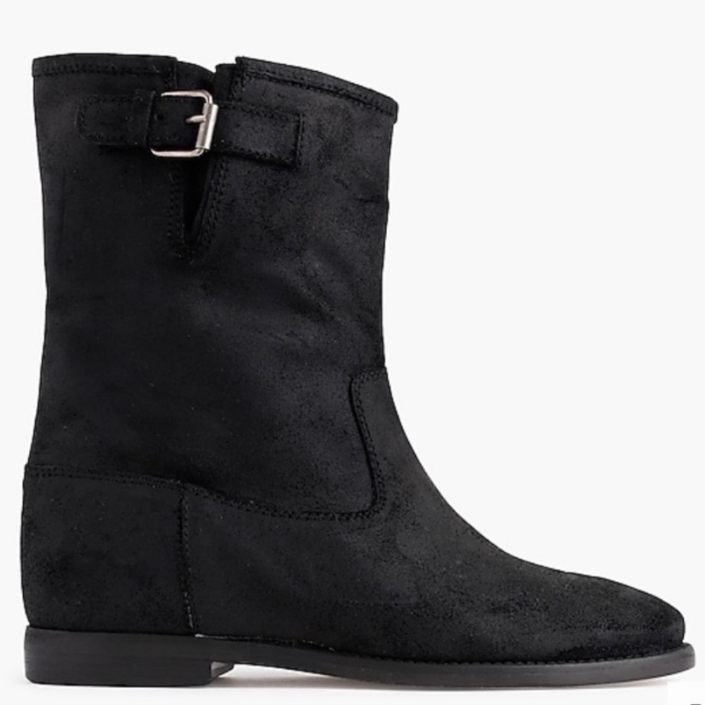J. Crew Langston Black Suede Ankle Boot w/ Buckle, Hidden Platform Heel, Sz 6.5